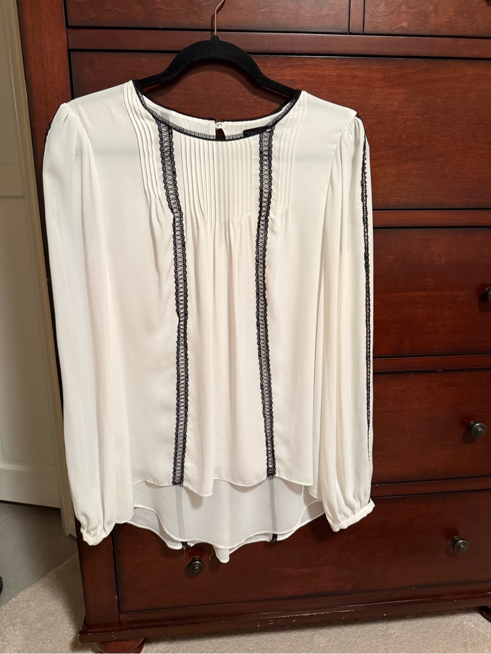 White House Black Market Ivory Blouse with Black Lace Trim